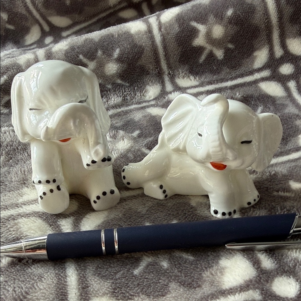 Ceramic Elephant Figurines - White and Black Accents